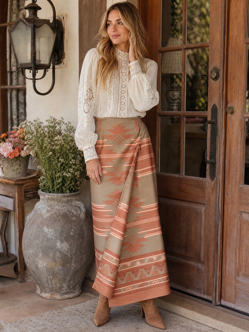 Jones New York Southwestern Silk Wrap Maxi Skirt
